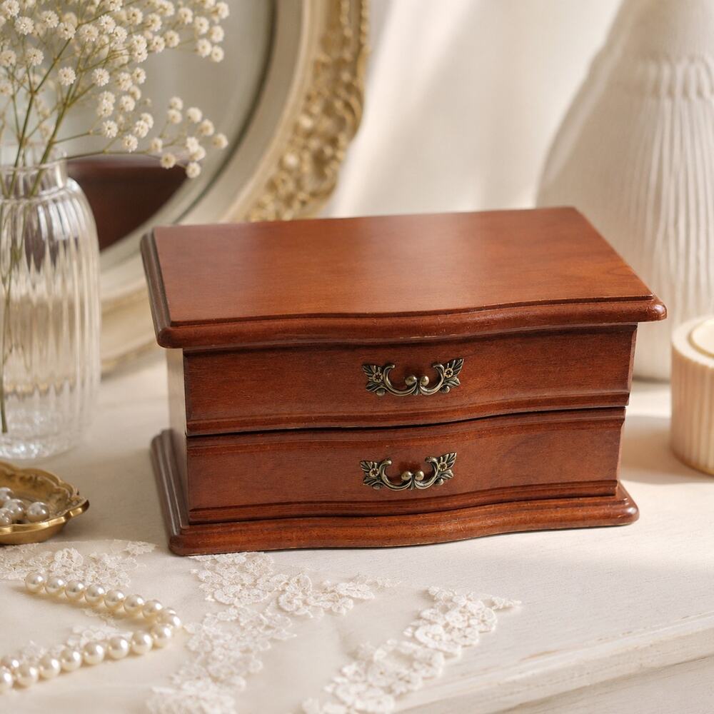 VNT wooden jewelry/trinket box Chest Style 2 Draw W/mirror Cottagecore Dresser